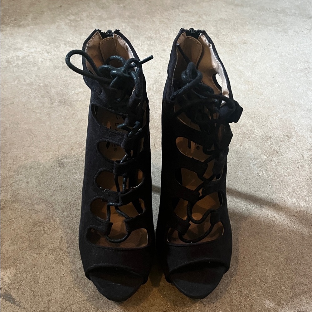 Black Lace-Up Peep Toe Heels